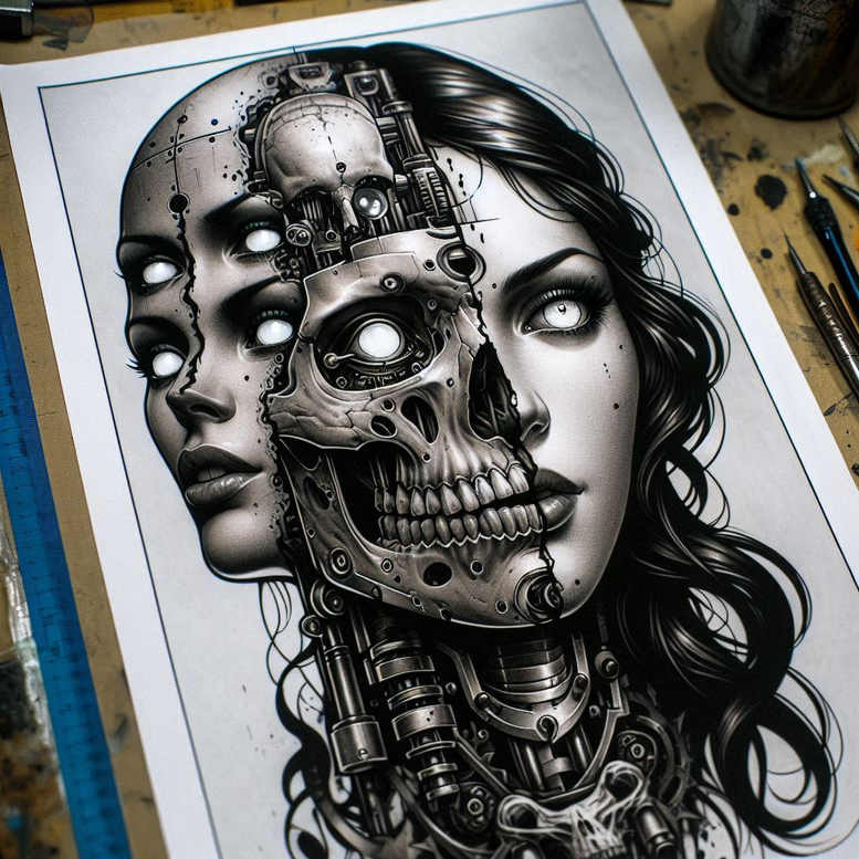 detailed-figure-tattoo – tattoo design ideas free ai generated – faded-memory – for-palm – Gallery: surrealistic-characters-inkby-ai
