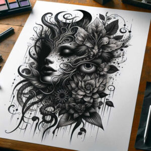 illusion-motif-figure-tattoo – tattoo design ideas free ai generated – blackwork – for-scapula – Gallery: surrealistic-characters-inkby-ai