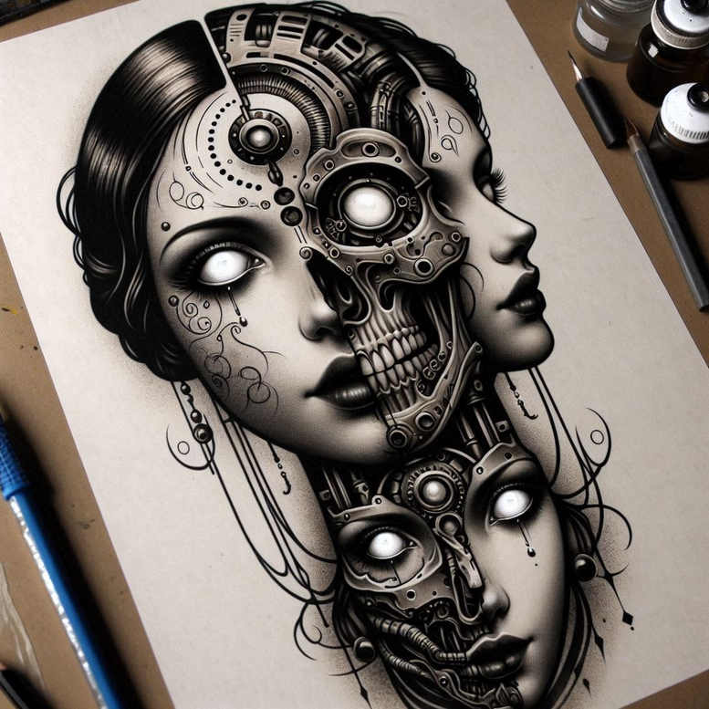 shadow-and-light-figure-tattoo – tattoo design ideas free ai generated – moody – for-thigh – Gallery: surrealistic-characters-inkby-ai