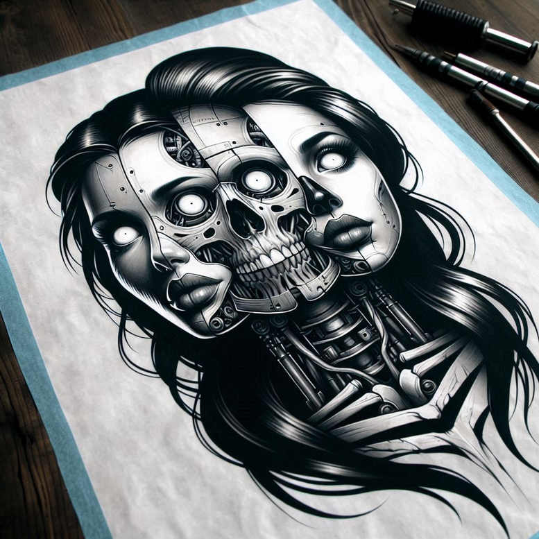 surrealistic-characters tattoo design ideas smooth floating face for outer arm