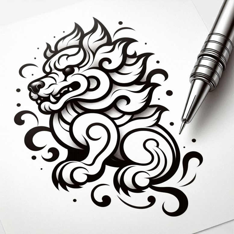 Dragon, pen, swirl pattern in black ink on white background; tattoo design idea, suitable for a cover-up.