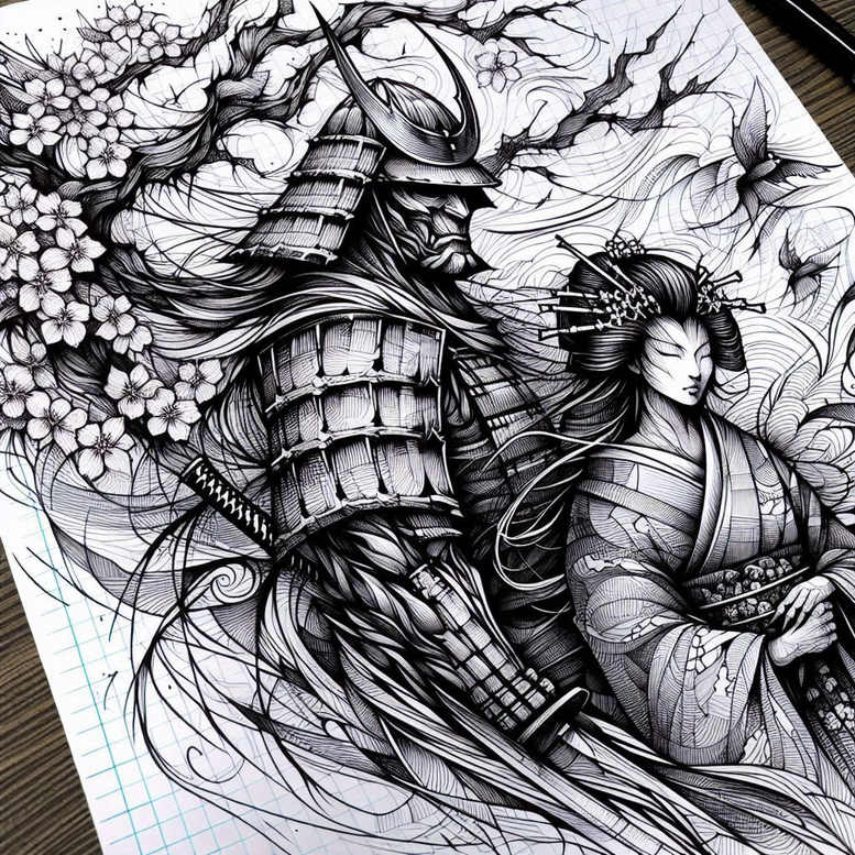 Samurai in armor with helmet beside a geisha in a kimono, cherry blossoms, black and grey linework; AI-generated tattoo project; cover-up suitable.