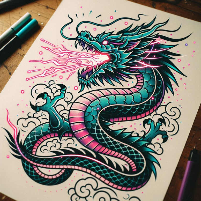 Dragon and clouds in teal, pink, and black on white paper; concept art for a tattoo design; not a cover-up.