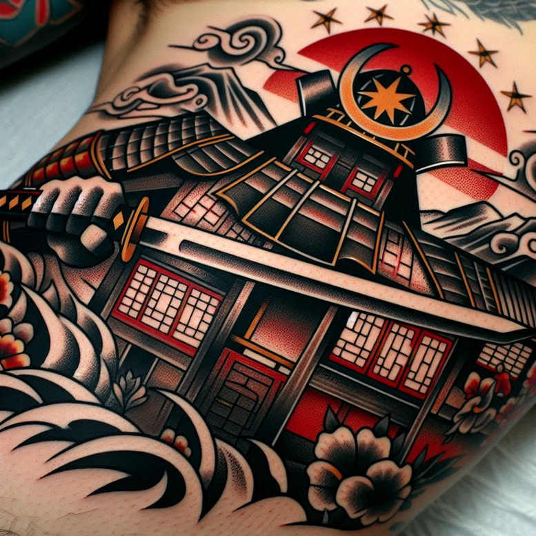Temple, sun disk, waves, flowers, clouds, and stars in bold full-color Japanese-style tattoo; project concept; cover-up: not specified.