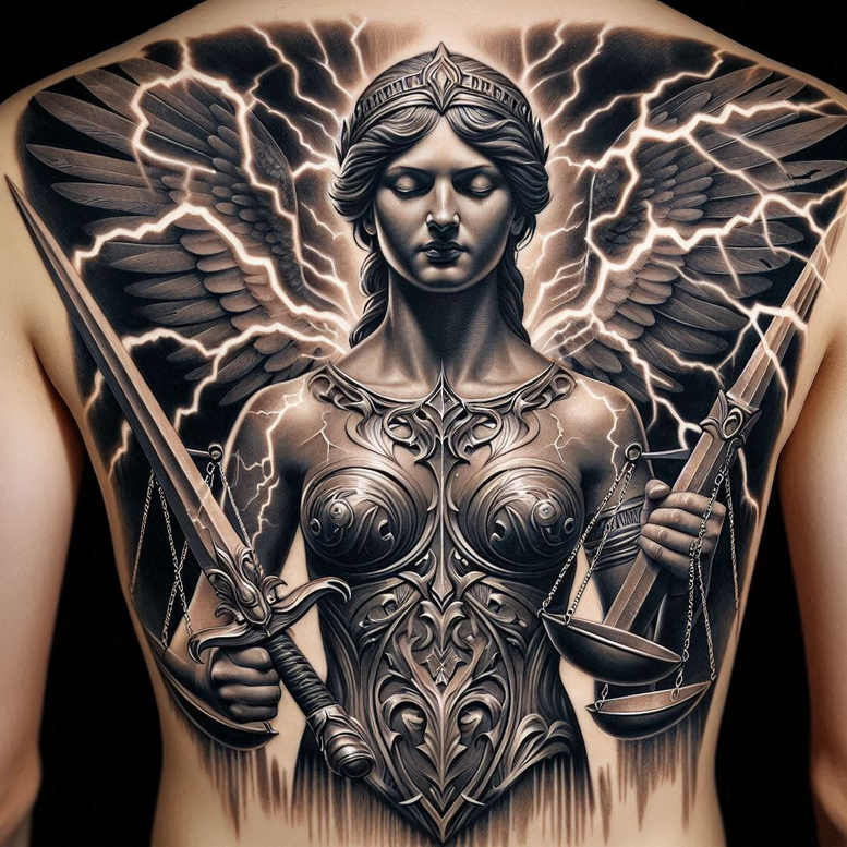 themis tattoo design ideas Surrealism blurred edges divine balance endurance and power