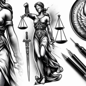 themis tattoo design ideas bold outline legal sword symbolising endurance
