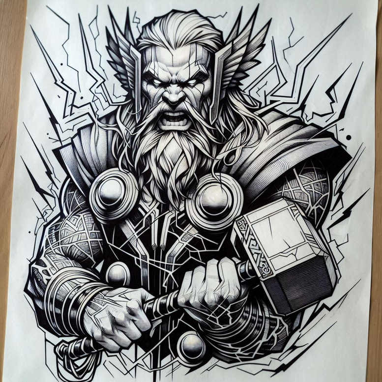 AI-generated tattoo project: Thor-inspired hammer with bearded warrior, ornate armor, cape, and crackling energy in black-and-grey linework; cover-up suitable.