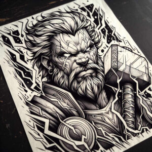 Hammer, man, and detailed armor in black and grey linework; tattoo project idea, suitable for cover-up.