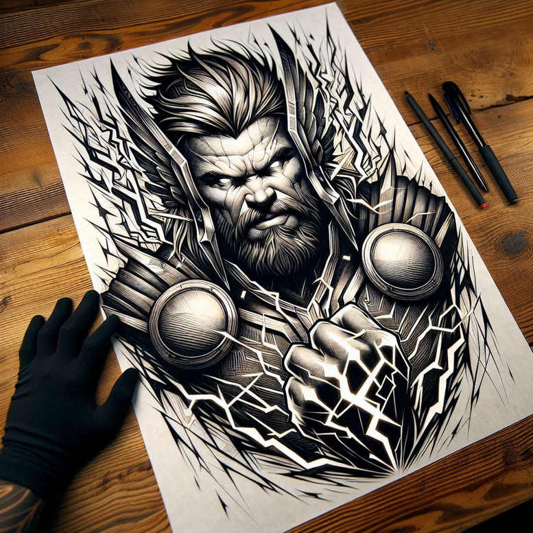 Bearded hero face in black and grey with glove, disc armor, and lightning accents; AI-generated tattoo project; suitable for cover-up.