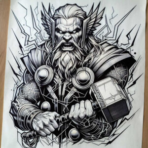 war-god-tattoo-neotraditional-enhanced-color-for-calf – tattoo design ideas free ai generated – Gallery: thor-inkby-ai