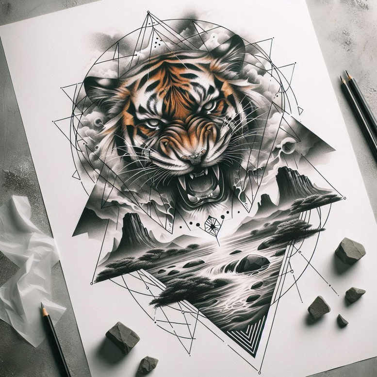 Tiger head in orange, black and grey with geometric triangles framing a mountain and water landscape on a white sheet; pencil and rock props visible; tattoo project; cover-up suitable.