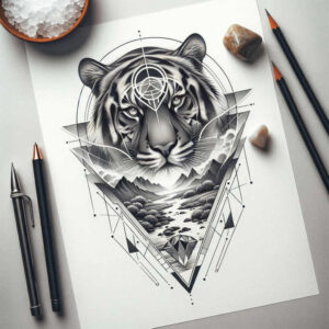 Tiger head in black and grey with geometric circles, triangles, and a patterned landscape of mountains and river; cover-up project.