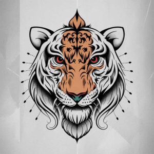 Tiger head portrait in orange and white with black outlines and teal nose; linework and pattern shading; tattoo project idea; not ideal for cover-up.