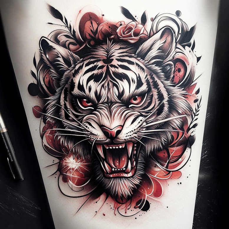 tiger-with-color – tattoo design ideas free ai generated – neotraditional-saturated-hues – for-chest – Gallery: tigers-inkby-ai