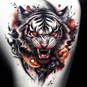 tiger-with-dots – tattoo design ideas free ai generated – neotraditional-clean-contrast – for-lower-thigh – Gallery: tigers-inkby-ai