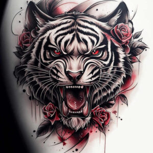 tiger-with-lines – tattoo design ideas free ai generated – neotraditional-enhanced-shading – for-chest – Gallery: tigers-inkby-ai