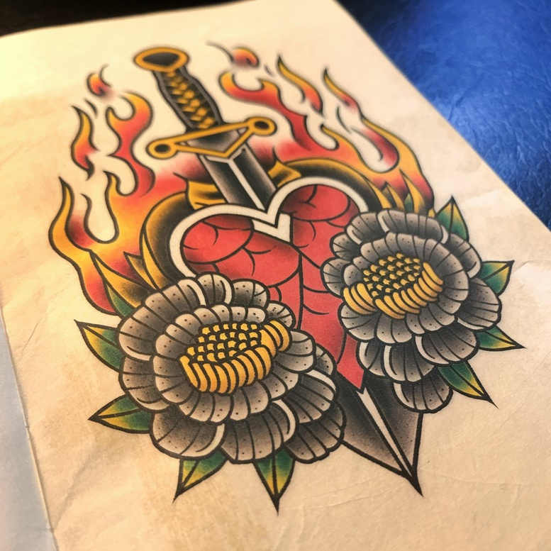 Heart (red) pierced by dagger (steel gray) with flames (orange/yellow) surrounding; two gray flowers with green leaves; color tattoo project idea; cover-up: no.