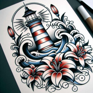 Lighthouse with red-white stripes, blue waves, and red lilies in bold black outlines; color tattoo design project; not a cover-up.