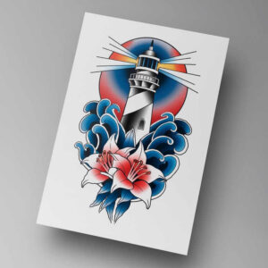Lighthouse (white with black accents), blue waves, pink lilies, red sun; full color; AI-generated tattoo project; not primarily designed for cover-up.