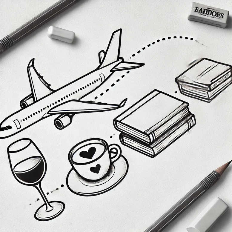 Black and grey line drawing of an airplane, a stack of book, a coffee cup with hearts, a wine glass, pencil, and eraser; AI-generated tattoo project suitable for a cover-up.