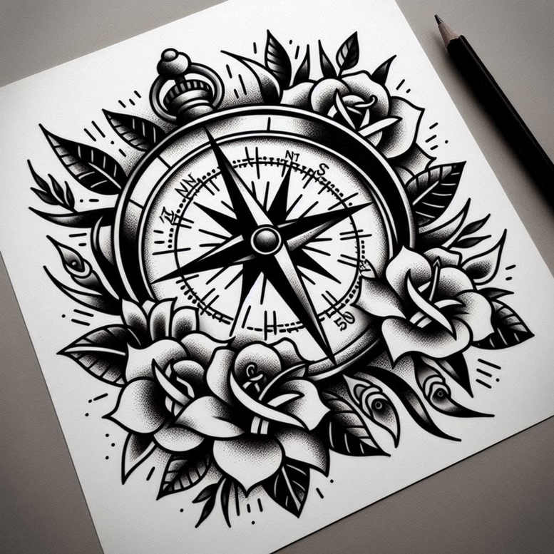 travels tattoo design ideas thin script compass points for back