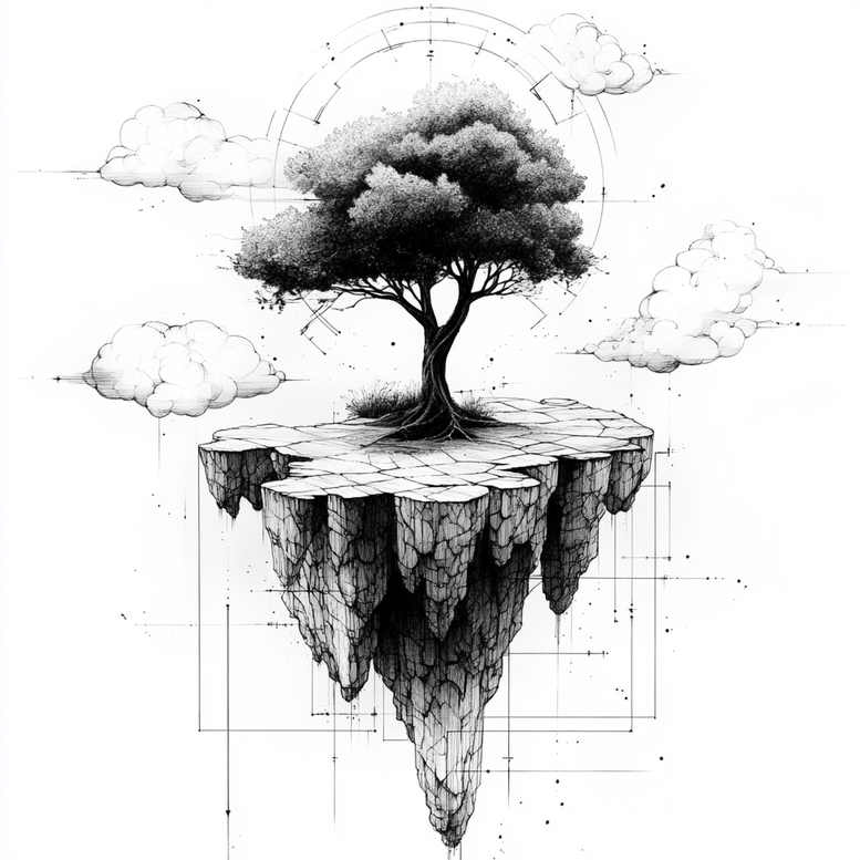 Tree, floating island, cliff, clouds, circle geometry; black and grey; AI-generated tattoo project; cover-up suitable.