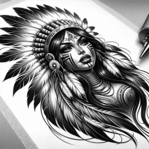 Woman with a feathered headdress in black and grey, geometric face paint, long hair, and a nearby microphone; a cover-up tattoo project idea.