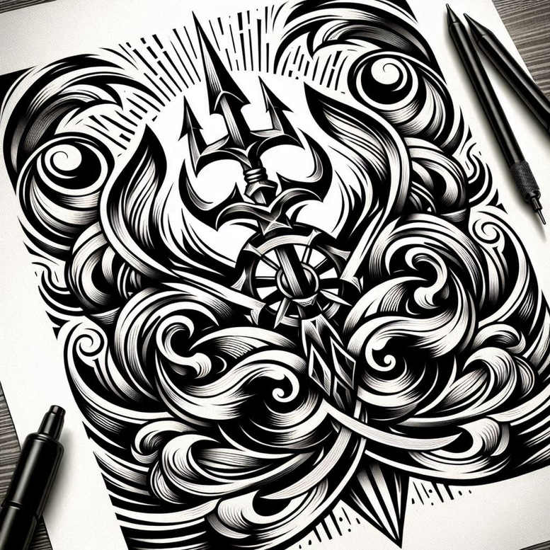 Black and grey tattoo design of a Poseidon-inspired trident with spiraling swirls and wave accents; a concept sketch in monochrome, suitable for cover-up.
