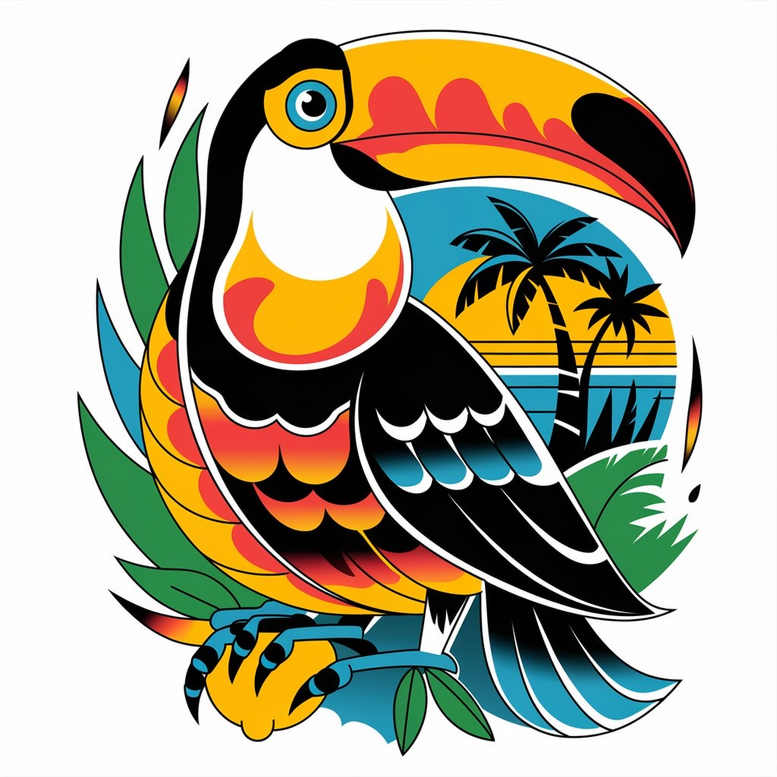 Colorful toucan with green leaves and palm trees against a round sunset backdrop; color tattoo project, suitable for cover-up.