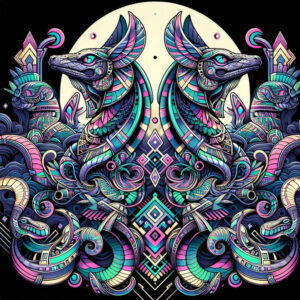 Two dragon heads, circular backdrop, colorful geometric details; AI-generated tattoo project; not intended for cover-up.