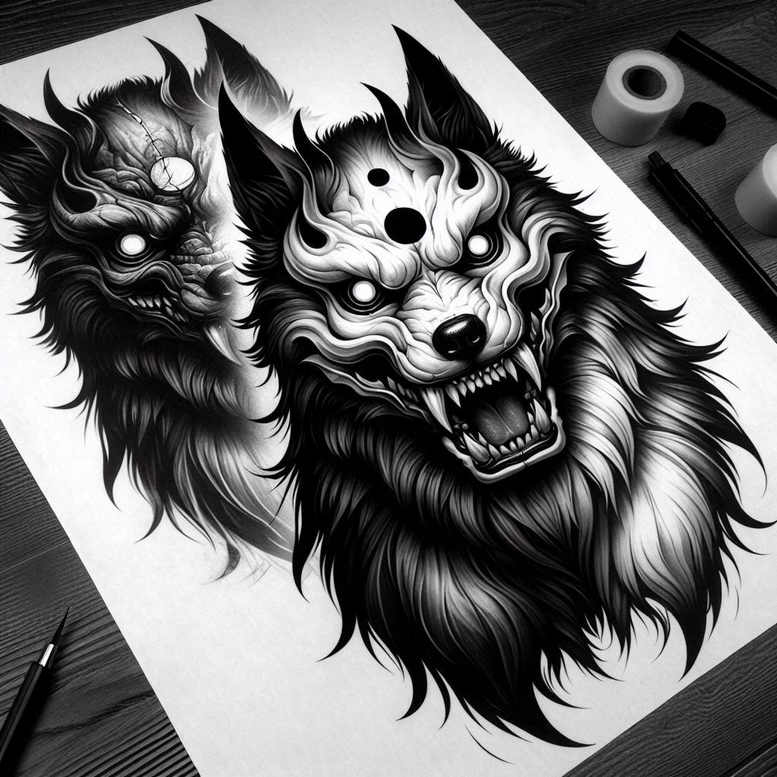 Two black-and-grey wolf heads snarling in profile, bold fur detail; AI-generated tattoo project; cover-up suitable.
