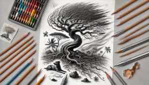 Tree with twisting roots, rocks, and small plants in black and grey; AI-generated tattoo project; suitable for a cover-up.