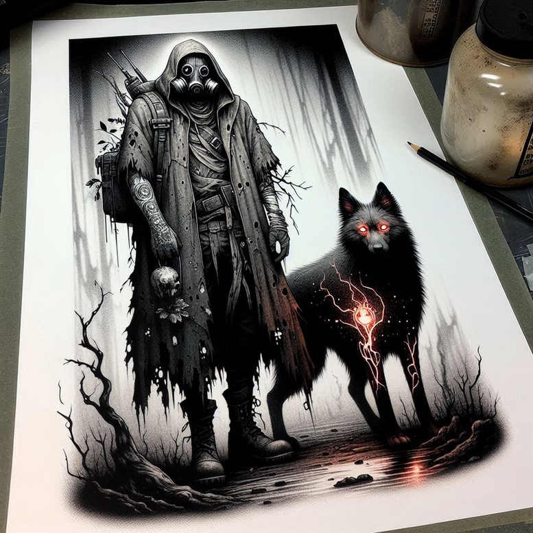 Dark hooded figure with gas mask and rifle stands beside a black wolf with red eyes in a grayscale forest; tattoo design project, ideal for cover-up.