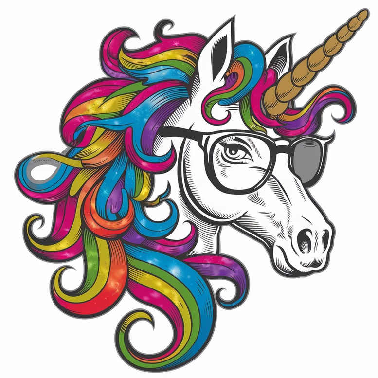 Colorful unicorn head with rainbow mane, horn, and round glasses on a white background; in color; concept art; not intended for cover-up.