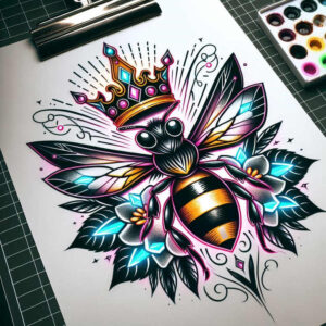 Colorful bee with crown, flowers, leaves, and blue crystals; full-color project idea; not specifically a cover-up.