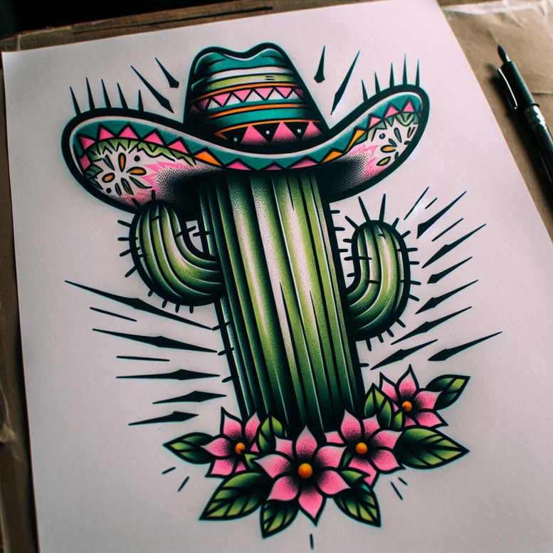 Colorful cactus wearing a traditional sombrero with pink flowers, bold black outlines, in color; design idea for a tattoo; not grayscale and not intended as a cover-up.