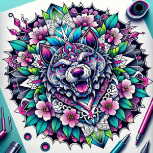 Dog head tattoo design in vibrant color with pink flowers and teal leaves; AI-generated tattoo project; full color, not a black and grey piece.