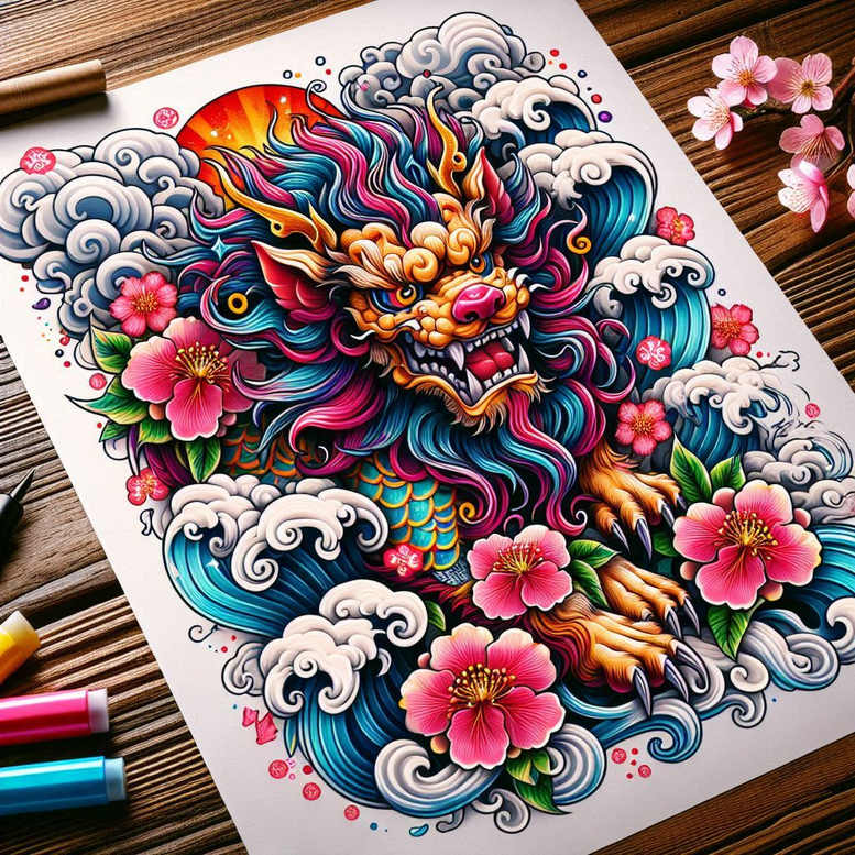 Colorful dragon, pink cherry blossoms, white clouds, and blue waves; color tattoo design idea, AI-generated tattoo project; suitable for cover-up.