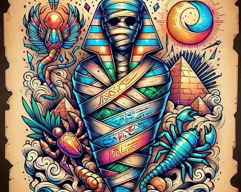 Colorful mummy wrapped in bandages stands before pyramids with a winged scarab, blue scorpion, moon, sun, clouds, and waves; color tattoo project; cover-up suitable.