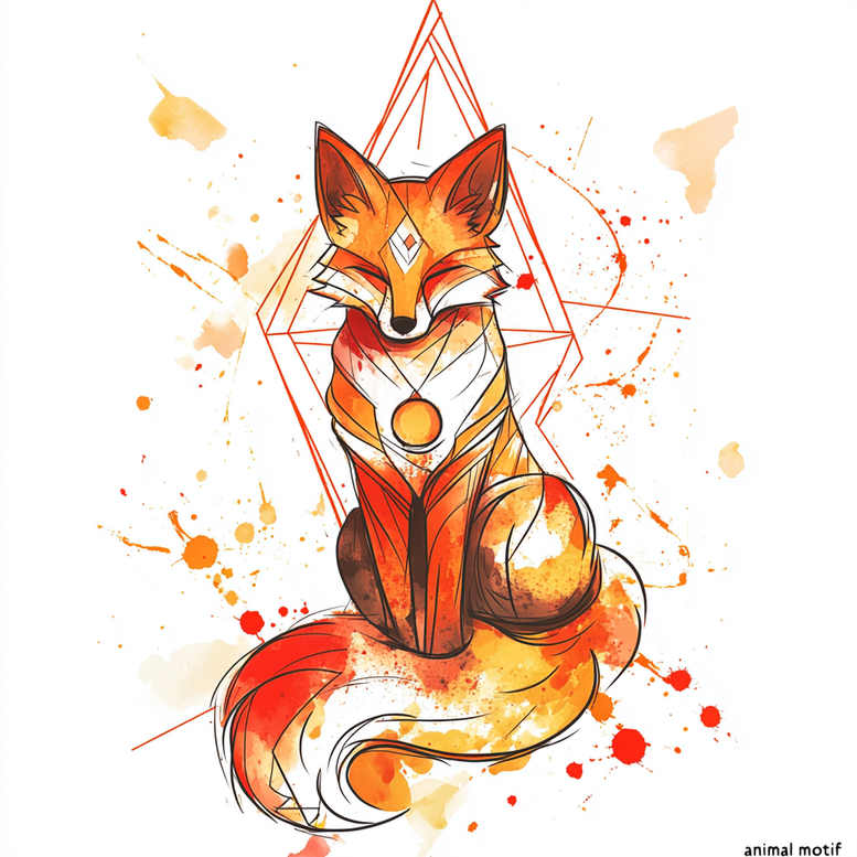 Fox in orange and red hues with a geometric triangle halo behind, orange watercolor splashes, and crisp black linework; AI-generated tattoo project; suitable for a cover-up.