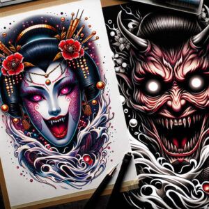 Geisha portrait in color on left; demon mask in black and grey on right; AI-generated tattoo project; suitable for cover-up.