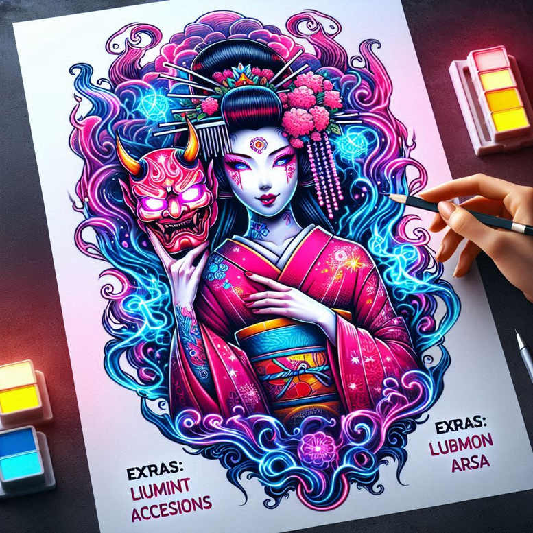 Geisha with pink kimono, blue obi, holding a red Oni mask; neon blue and pink swirls in a full-color background; tattoo project.