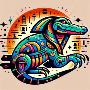 Crocodile and circle backdrop with dots and stars in bold, multicolor geometric design; full color project, suitable for a cover-up.
