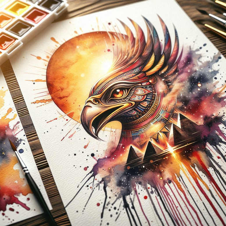 Horus-inspired color tattoo of a falcon head with a radiant sun disk behind, in vibrant color, watercolor style with bold outlines; project idea.