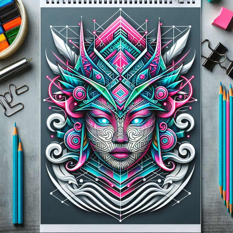 Face with neon pink lips and cyan eyes, ornate geometric headpiece in blue, teal, and pink; on dark background; tattoo project idea; not a cover-up.
