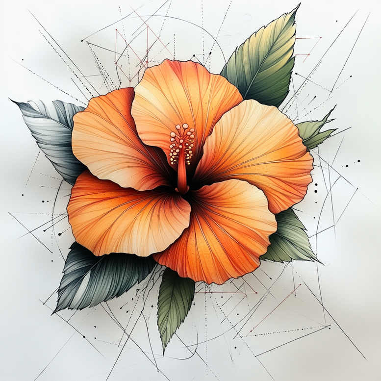 Bright orange hibiscus with green leaves and black geometric linework; AI-generated tattoo project; not suitable for cover-up.