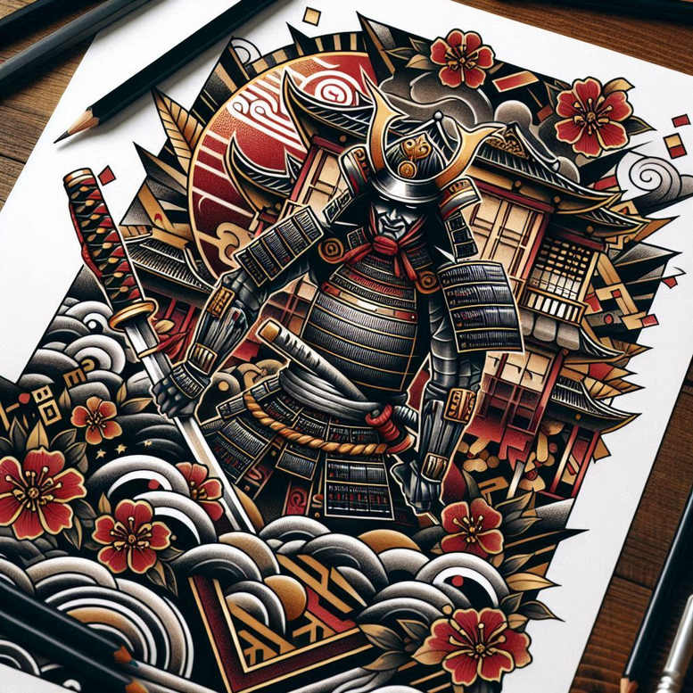Samurai in red-black armor with a silver katana before a pagoda background, red flowers, and gray clouds; AI-generated tattoo project concept; not suitable for cover-up.