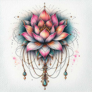 Lotus flower in pink, purple, and teal with gold chain accents and teardrop beads; color illustration; AI-generated tattoo project; not a cover-up.