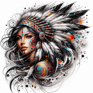 Woman portrait with a feathered headdress, headband, and earrings in black and grey shading with colorful accents; tattoo project idea and suitable for cover-up.