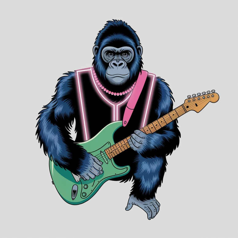 Blue gorilla with neon pink trim on a black vest, bead necklace, pink guitar strap, playing a green electric guitar; AI-generated tattoo project; not a cover-up.
